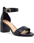 Women's Clarks Ezoria Mae Heeled Sandal in black leather with ankle strap and 70mm block heel, ideal for weddings and formal events.