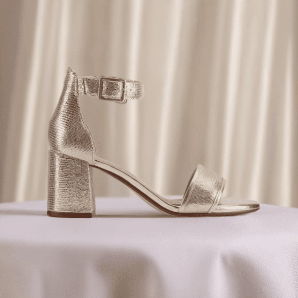 Gold Clarks Ezoria Mae Heeled Sandal displayed on a table with soft draped background, showcasing its wedding-ready elegance.