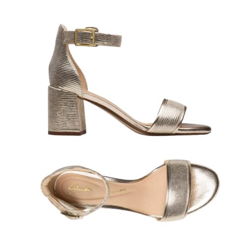 Side and top views of gold Clarks Ezoria Mae Heeled Sandal for women, featuring block heel and elegant wedding-ready design.