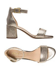 Side and top views of gold Clarks Ezoria Mae Heeled Sandal for women, featuring block heel and elegant wedding-ready design.