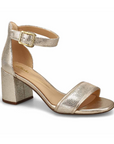 Women's Clarks Ezoria Mae Heeled Sandal in metallic gold with textured finish and ankle strap, ideal for weddings and evening wear.