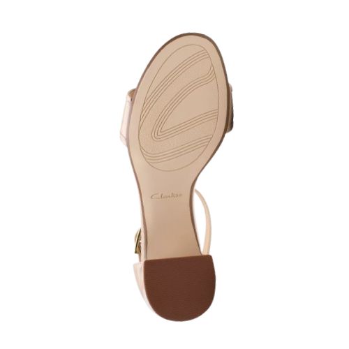 Sole view of nude Clarks Ezoria Mae Heeled Sandal showing non-slip tread and cushioned support for all-day wedding comfort.