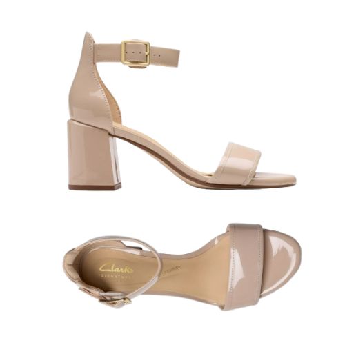 Top and side views of nude Clarks Ezoria Mae Heeled Sandal for women, designed with comfort footbed and elegant wedding-ready style.