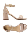 Top and side views of nude Clarks Ezoria Mae Heeled Sandal for women, designed with comfort footbed and elegant wedding-ready style.