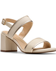Women's Clarks Ezoria Sling Sandal in cream leather with block heel and adjustable backstrap, perfect for summer comfort and style.