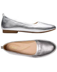 Top and side views of Women's Clarks Fawna Ballet Flat in silver leather, showcasing cushioned insole and flexible design.