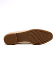 Light treaded wave pattern outsole with low block heel and Clarks logo stamped in middle.