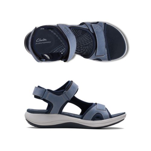 Side and top views of Women's Clarks Mira Bay Sport Sandal in blue, showcasing lightweight design and flexible sole.