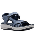 Women's Clarks Mira Bay Sport Sandal in blue with adjustable straps and cushioned footbed for all-day comfort and support.
