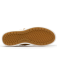 Tan light textured outsole of sneaker with Clarks logo stamped along side.