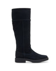 Profie of Black suede knee-high boot with black rubber outsole.