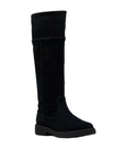 Black suede knee-high boot with black rubber outsole.
