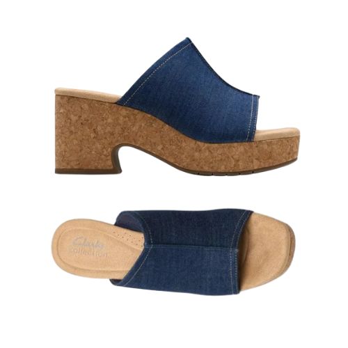 Top and side views of Clarks Nerisa Vine Heeled Sandal in denim blue, featuring textile upper and cushioned footbed.