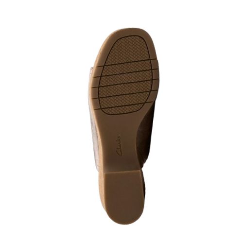 Bottom view of Clarks Nerisa Vine Heeled Sandal in silver, featuring durable rubber outsole with textured grip.