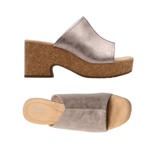 Top and side views of Clarks Nerisa Vine Heeled Sandal in metallic silver, showcasing padded footbed and slip-on design.