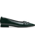 A green pointed toe flat with a decorative buckle strap and low heel.