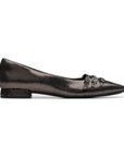 A dark shimmery metallic pointed toe flat with a decorative buckle strap and low heel