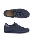 Pair of navy blue nubuck lace sneakers with a side zipper, tan Ecco logo'd footbed, blue midsole and tan outsole.