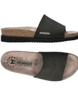 Top and side views of Women's Mephisto Hanik Sandal in black, featuring ergonomic footbed and shock-absorbing sole for all-day wear.