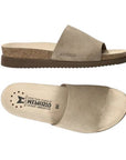 Top and side views of beige Women's Mephisto Hanik Sandal with suede upper and anatomical footbed for optimal support and fit.