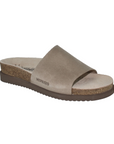 Women's Mephisto Hanik Sandal in beige suede with contoured footbed and soft leather upper for breathable, stylish comfort.