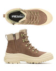Side and top views of Women's Merrell Harper Zip Waterproof Winter Boots showing zipper closure, padded collar, and lugged sole for grip.