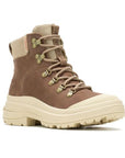 Women's Merrell Harper Zip Waterproof Winter Boots in brown leather with lace-up front and rugged cream outsole for cold-weather durability.