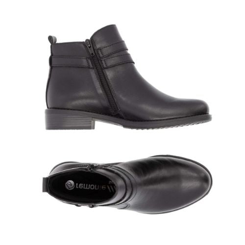 Pair of Women's  black leather ankle boot with side zipper, buckle strap detail, black Remonte logo'd footbed and low heel.