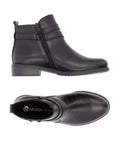 Pair of Women's black leather ankle boot with side zipper, buckle strap detail, black Remonte logo'd footbed and low heel.
