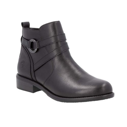 Women's  black leather ankle boot with side zipper, buckle strap detail, and low heel.