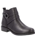 Women's black leather ankle boot with side zipper, buckle strap detail, and low heel.