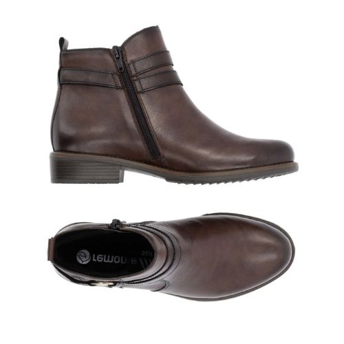 Pair of Women's  brown leather ankle boots with side zipper, buckle strap detail, black Remonte logo'd footbed and low heel.
