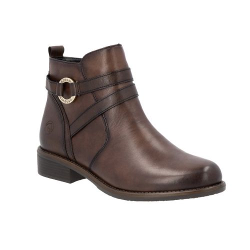 Women's  brown leather ankle boot with side zipper, buckle strap detail, and low heel.