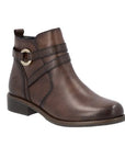 Women's brown leather ankle boot with side zipper, buckle strap detail, and low heel.
