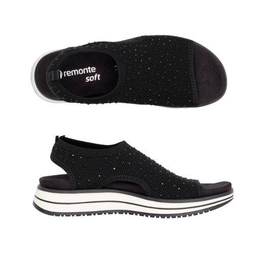 Top and side views of black Remonte D1J55 women's backstrap sandal featuring a removable footbed and breathable knit design.