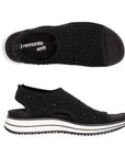 Top and side views of black Remonte D1J55 women's backstrap sandal featuring a removable footbed and breathable knit design.
