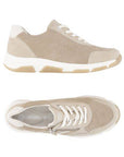 Top and side views of the Women's Remonte D1S04 lace-up sneaker showcasing its soft suede finish and ergonomic shape for bunion relief.