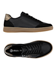 Pair of Black sneakers with bronze and cheetah print accents, black laces, side zipper, black Remonte logo'd footbed and tan rubber outsole.