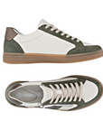 Pair of Green and white sneakers with bronze accents, white laces, side zipper, grey Remonte logo'd footbed and tan rubber outsole.