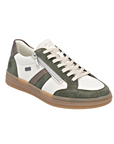 Green and white sneaker with bronze accents, white laces, side zipper and tan rubber outsole.