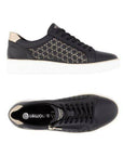 Top and side views of black Remonte D2E03 lace-up leather sneakers for women, featuring SoftFoam insole and flexible sole design.