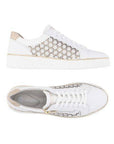 Top and side views of white Remonte D2E03 women's sneakers featuring SoftFoam insole and flexible, shock-absorbing sole.