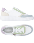 Pair of White sneakers with pastel color accents, white laces, side zipper, grey Remonte logo'd footbed and white thick outsole.