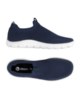 Pair of Navy knit slip-on shoes with black Remonte logo'd footbed and white outsole.