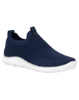 Navy knit slip-on shoe with black Remonte logo'd footbed and white outsole.
