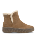 A brown suede ankle boot with a cream shearling-style lining and a chunky brown outsole.