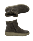 Pair of grey suede ankle boots with a cream shearling-style lining, side zipper, Remonte logo'd footbed and a chunky grey outsole.