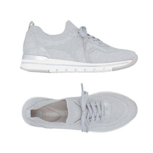 Top and side views of light grey Women's Remonte R6712 Slip-On Sneaker showing SoftFoam insole and breathable knit upper.