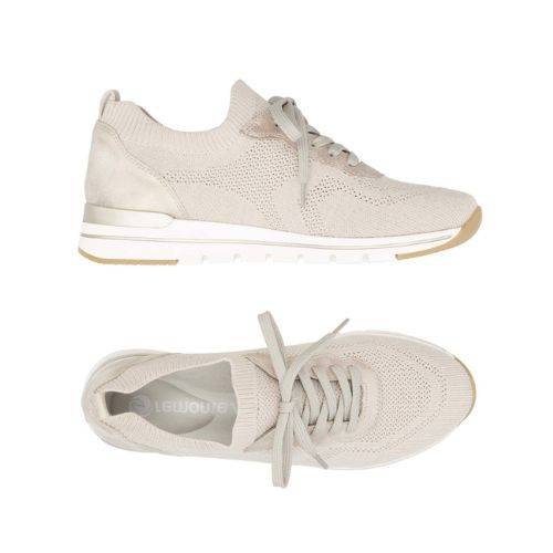 Top and side views of beige Women's Remonte R6712 Slip-On Sneaker showcasing knit upper, removable insole, and flexible sole.