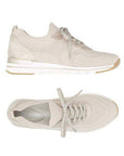 Top and side views of beige Women's Remonte R6712 Slip-On Sneaker showcasing knit upper, removable insole, and flexible sole.